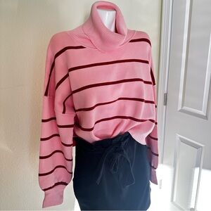 Free People Pink and Red Striped Cowl Neck Sweater